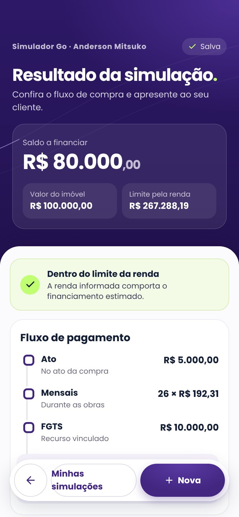App Blokiz: resultado da simulação