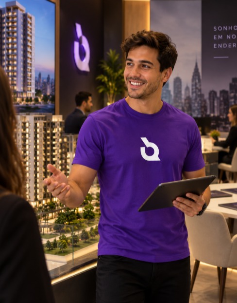 Corretor com camiseta da Blokiz atende clientes ao lado da maquete de um empreendimento