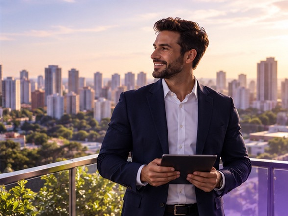 Corretor sorri com um tablet num terraço com vista da cidade