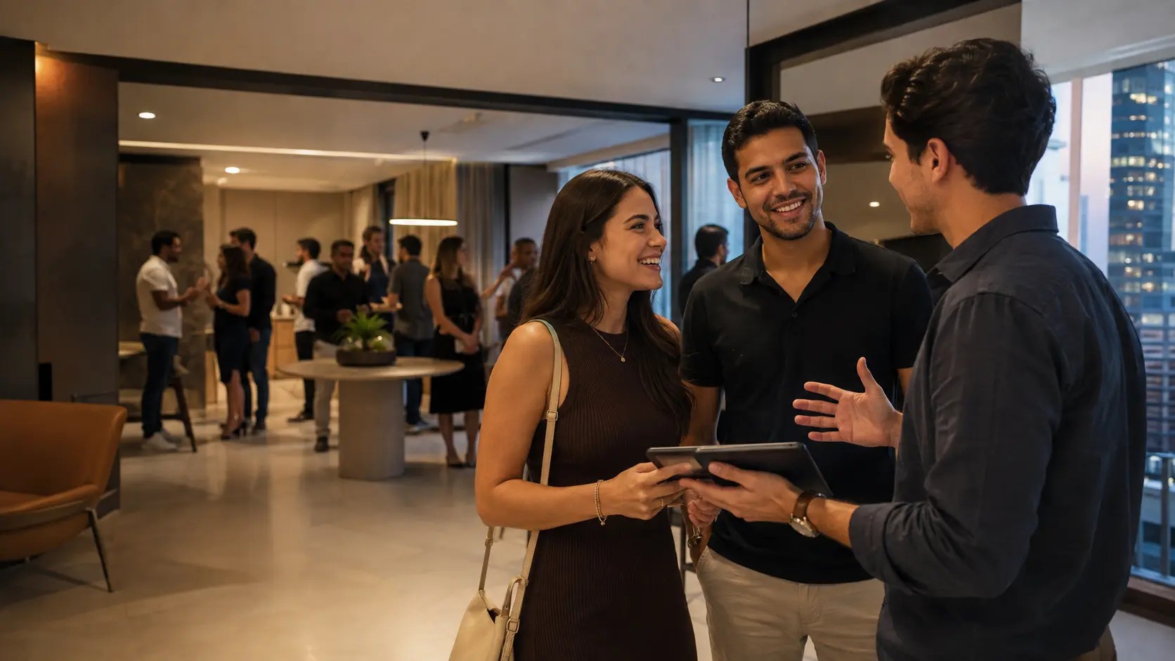 Corretor apresenta o empreendimento a um casal num evento
