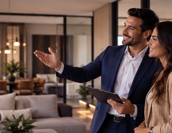 Corretor com tablet apresenta um apartamento decorado a uma cliente