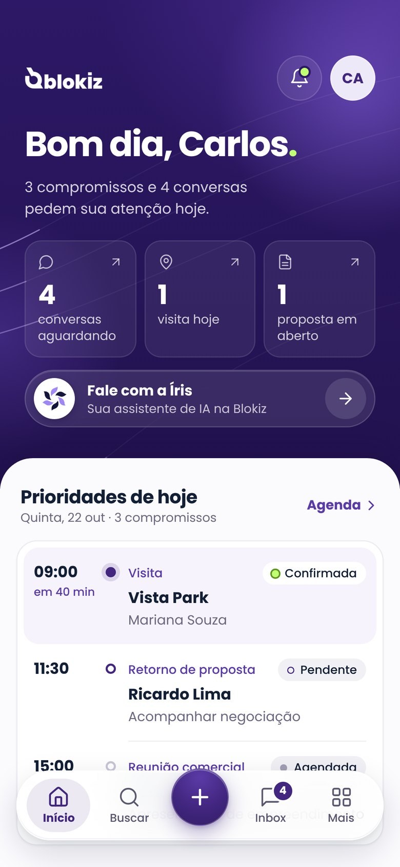 App Blokiz: tela inicial