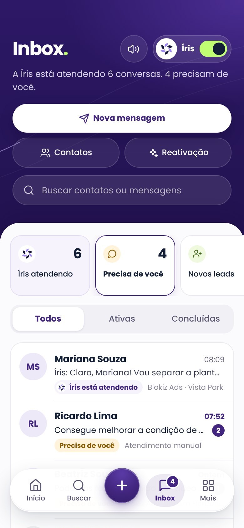 App Blokiz: Inbox com as conversas