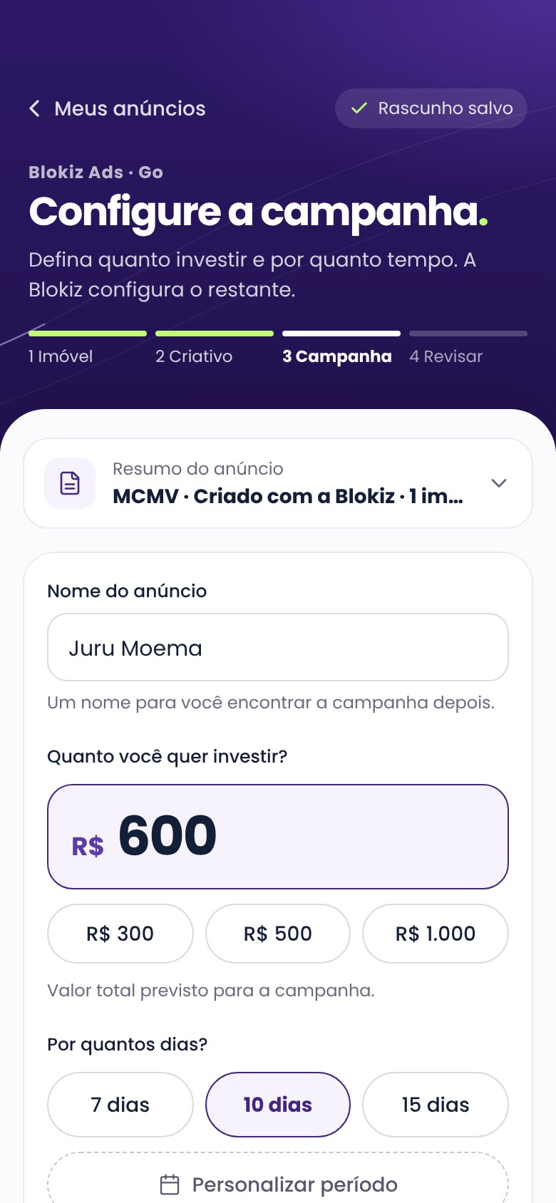 App: configurar a campanha
