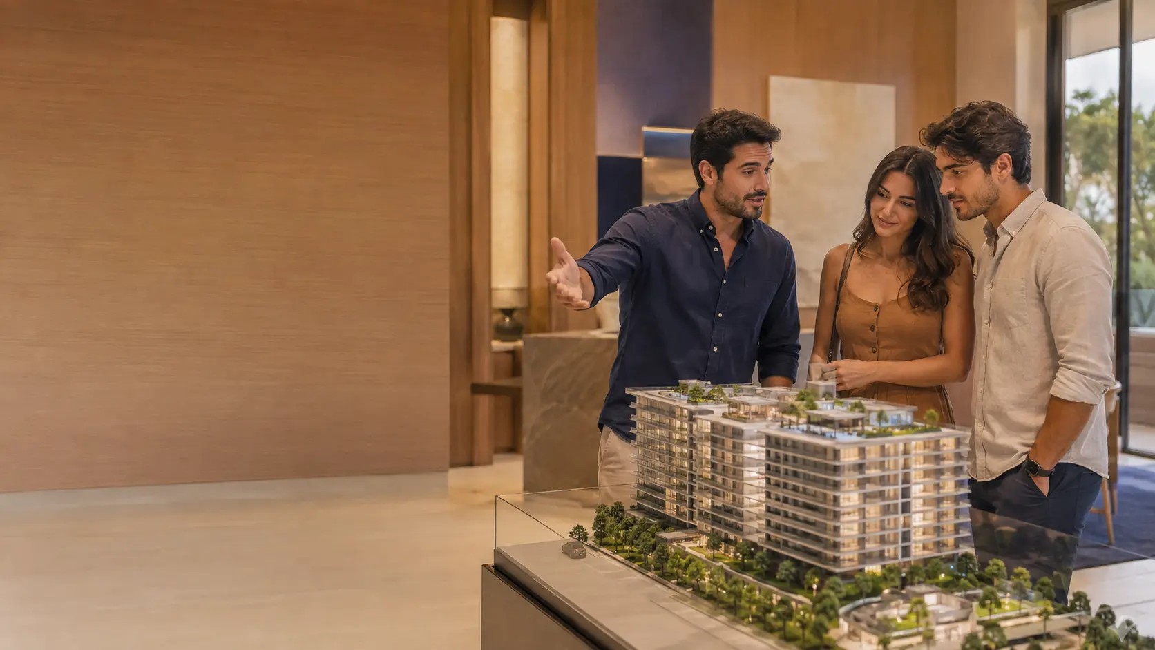 Corretor apresenta a maquete de um empreendimento a um casal