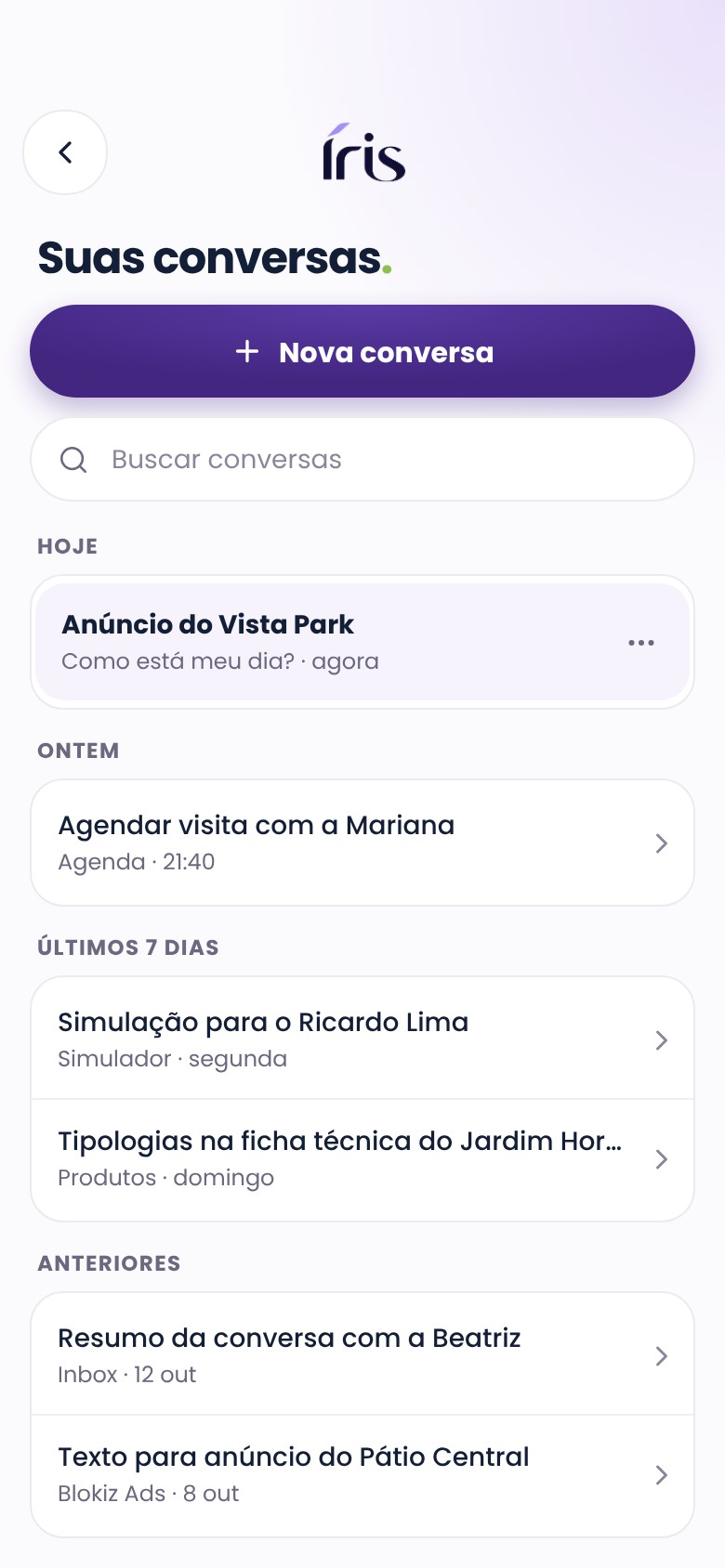 App: histórico da Íris